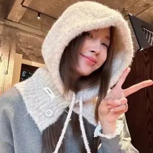 여성 겨울 후드 머플러 일체형 방한 모자 넥워머 귀도리 보온용품 페이크넥워머