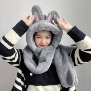 토끼 귀 후드 일체형 머플러 장갑 그레이 겨울 방한 모자 목도리 장갑목도리 후드머플러