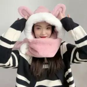 토끼 귀 일체형 후드 머플러 겨울 방한 목도리 장갑 귀달이 모자 장갑목도리 후드머플러