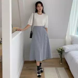 [하프클럽/]여성 핀턱 랩 롱스커트 뒷밴딩 플레어 스타일