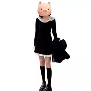 원피스 치마 블랙 여성 가을 레이스 프렌치 패치 후드 레이어드 허리 A라인 KS3