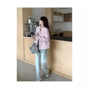 여자 가을 코트 하프 핑크 춘추 풍 트위드 쇼트 톱 BE3
