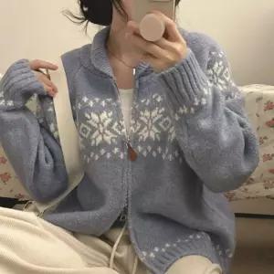 여성 노르딕 패턴 니트 집업 도톰한 가디건 블루 니트집업 눈꽃 노르딕집업 겨울 여자