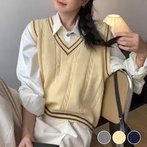 클래식한 꽈배기 패턴 배색 라인 여성 니트 조끼