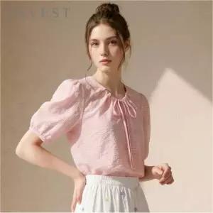 [인베스트] 리본 넥 퍼프 줄무늬 블라우스_IN6M1BL5781