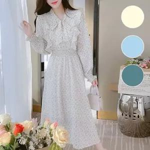 꽃무늬 긴팔 롱 드레스 밴딩 프릴 러플 봄가을 원피스 하객룩원피스 (WE21E86)