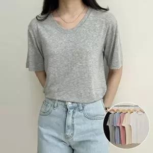 여성 6컬러 시원한 찰랑 레이온 스판 무지 브이넥 반팔 티셔츠 기본티 이너티 -WTS0796- 여름