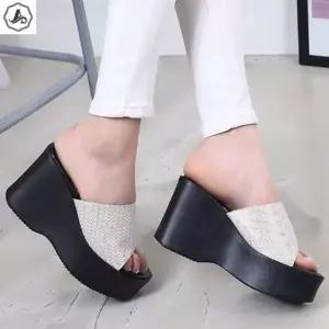 [애슬릿] 통굽 슬리퍼 굽높은 글리터 스트랩 웨지 플랫폼 사무실 10cm