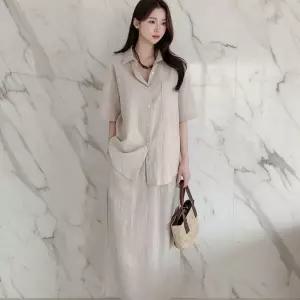 [옷자락] 여성 여름 린넨 반팔 투피스 세트 롱스커트와 셔츠 구성