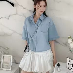 [옷자락] 여성 데님 크롭 셔츠 포켓카라 반팔 여름 박스핏