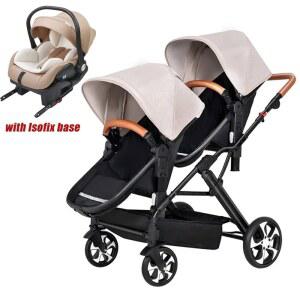 새로운 Twins 유모차 3in1(카시트 베이스 포함), 이중 어린이 유모차(isofix 포함), 분리형 수면 바구니 유모차