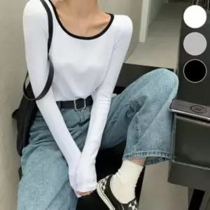 ERD-255 긴팔티 기장 넥라인 크롭한 배색