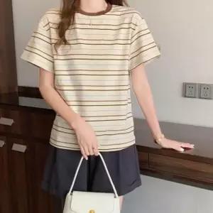 여자 스트라이프 브이넥 라운드 스트라이프티 크롭 티셔츠 반팔 린넨 맨투맨 단가라
