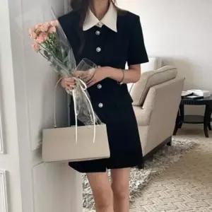 여자 하객룩 배색 클래식 미니원피스 진주버튼 카라