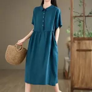 컬러풀 퍼프 여름 루즈핏 웨이스트 롱 원피스 반팔 빅사이즈 린넨 원피스 면혼방 롱원