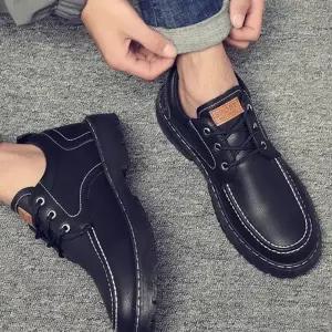 남성 블랙 가죽 로퍼 캐주얼 스티치 더비슈즈 데일리 슈즈