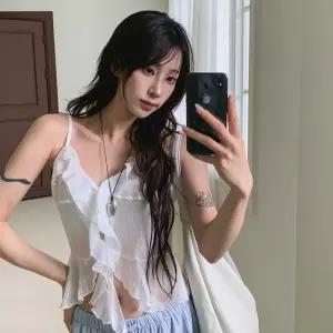 여자 레이스 프릴 투컬러 슬리브리스 폴리 티셔츠
