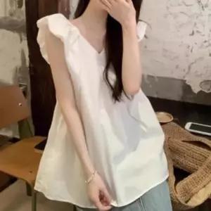 여성 데일리룩 여름 여성블라우스 상의 프릴 브이넥 블라우스 소매 기본데일리룩 러블