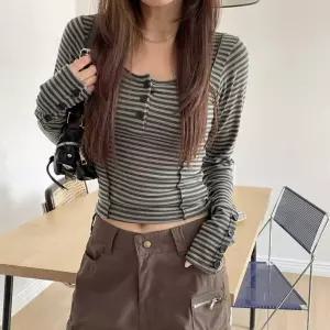 여성 단가라 소매 단추 헨리넥 티셔츠 남방 줄무늬