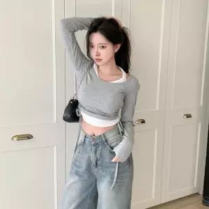 [옷자락] 여성 홀터넥 배색 레이어드 사이드 티셔츠