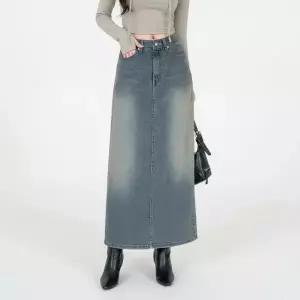 KHK1B12여성 빈티지 워싱 뒷트임 롱 데님 스커트_25338813