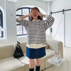 [옷자락]여성 언발란스 스트라이프 후드티 나그랑 디자인 후디