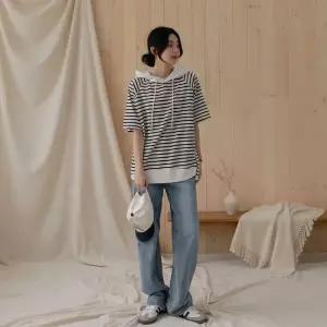[옷자락]여성 단가라 언발 트임 후드 반팔 티 후디 후드티