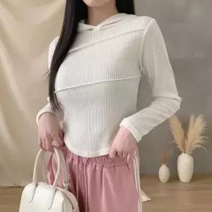 [옷자락]여성 골지 라운드넥 절개 후드티 후디