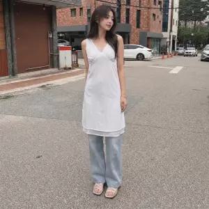 브이넥 프릴레이스 배색 미디기장 나시 원피스 PY5WO433