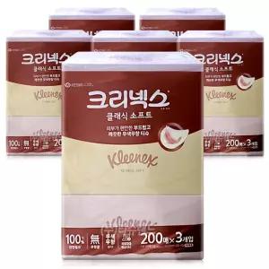 크리넥스 클래식 소프트 200매 3개입 x6개-1box 무향 미용티슈 각티슈