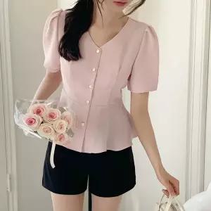 (국내제작)(허리잘록핏/백라인스트랩) 프리첼 여리핏 플레어 스트랩 퍼프 블라우스 bs7958
