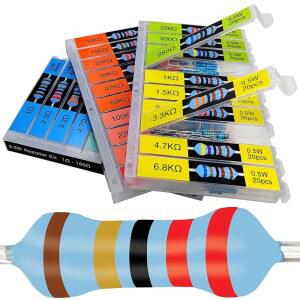 EEEEE 1/2W 30 값 600pcs 개별 구획 1옴-1M옴, 1% 금속 필름 저항기 모음 키트 및 LED 조명용 전기 산업용 모듬 세트 K옴 팩 포함