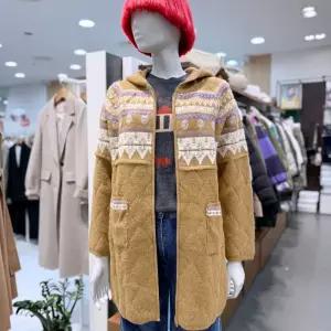 패턴 후드 롱 니트 가디건(BAKC53461)DG