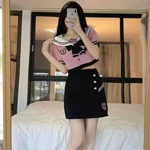두줄라인 핑크 반팔 하트버클 마린 세라복 세트