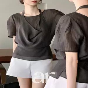 (시스루블라우스) 홀터 레이어드 뷔스티에 반팔 블라우스 st3076