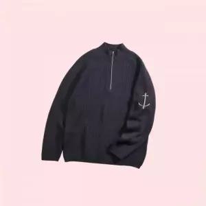 GUERNSEY WOOLLENS 건지울른스 코튼 브리티쉬 립 하프 집업 스웨터 - 차콜