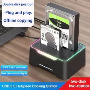 2.53.5 인치 듀얼 디스크 SATA 하드 드라이브 도크 USB3.0 노트북 데스크탑 PC RGB 조명 USB-C 3.1표준 12V