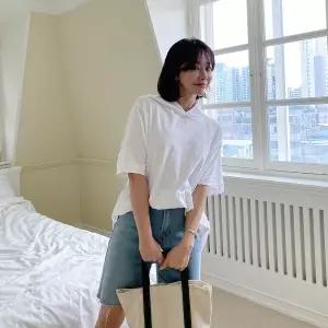 |KHTA5D9|여성 반원 디자인 후드 티셔츠 옆트임 단추
