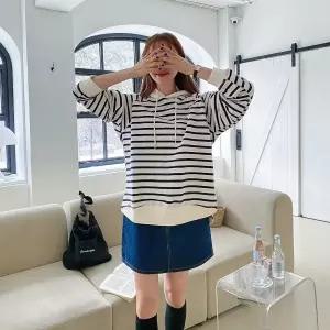 |KHTA542|여성 나그랑 스트라이프 후드티 언발란스 디자인 옆트임