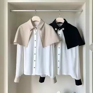 |KSH4478|여성 진주 단추 카라 배색 케이프 흰색 블라우스