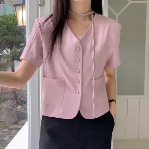 여자 여름하객룩 콩단추 투포켓 브이넥 끈 숏 자켓