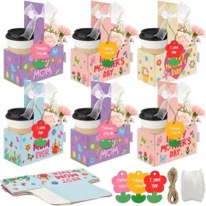 Cinrobiye 24 세트 어버이날 선물 음료 캐리어 손잡이 카드 및 리본 꽃꽂이 엄마 파티용 크리에이티브 커피