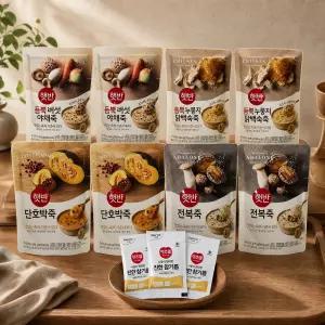 비비고 죽 420g 8개 세트 (듬뿍버섯야채죽x2개+단호박죽x2개+듬뿍누룽지닭백숙죽x2개+전복죽x2개)+참기름