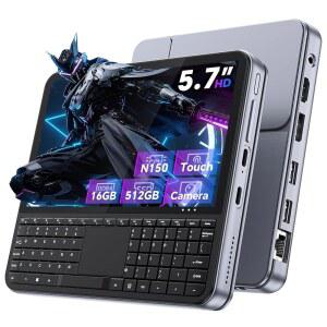 Tylvx 미니 PC 5 7인치 터치스크린 핸드헬드 컴퓨터, N150 최대 3 6GHz, 16GB RAM 512GB SSD, Win 11, 백라이트 키보드, WiFi6 BT5 2, 듀얼 타입-C, HDMI 2 1 DP, 소형 휴대용 PC