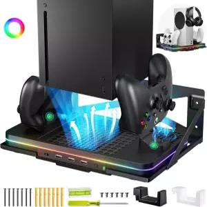 냉각 팬 액세서리가 장착된 Xbox 시리즈 X/S용 올니스 월 마운트 충전 스탠드 3개의 USB 포트가 있는