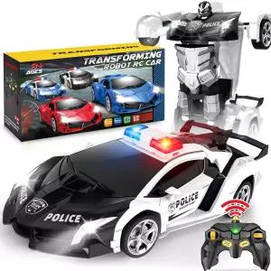 돌라누스 원격 조종 경찰차 - RC 카 트랜스폼 로봇 깜빡이는 빛 2.4GHz 360도 회전 5-7세 장난감 생일 선물