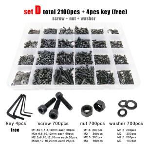 400 2100PC M1 M2 키트 구색 M3 12 M4 등급 M5 와셔 상자 육각 검정색 소켓 세트 너트 머리 강철 육각형 볼트 M2 나사