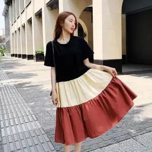 오너클랜 배색 커플시밀러룩 A라인 반팔 원피스 커플시밀러룩 20대커플룩 신혼여행룩 동남아여행룩