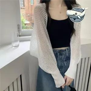 여자 여름 볼레로 스타일 니트 카디건 레이스 루즈핏 교복 용 비치로브 그물 롱 크롭