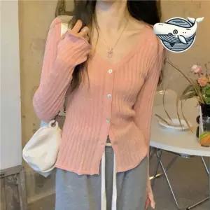 여자 여름 원단 브이넥 긴팔 니트 카디건 얇은 가디건 용 교복 그물 숄 롱 숏 비치로브